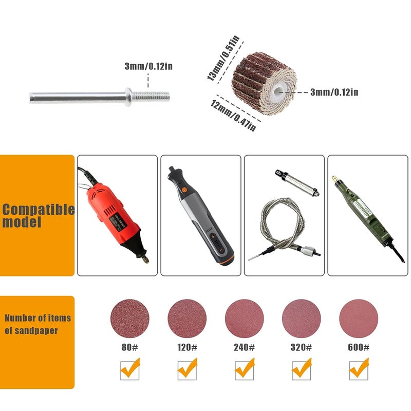 Micro Traders 20Pcs 80/120/240/320/600 Grit Flap Wheel Sandpaper Sanding Disc for Rotary Tools with Long Handle Shank Mandrel 13x12x3mm/0.51x0.47x0.12inch Emery Cloth Polish Tool Accessories - Image 3